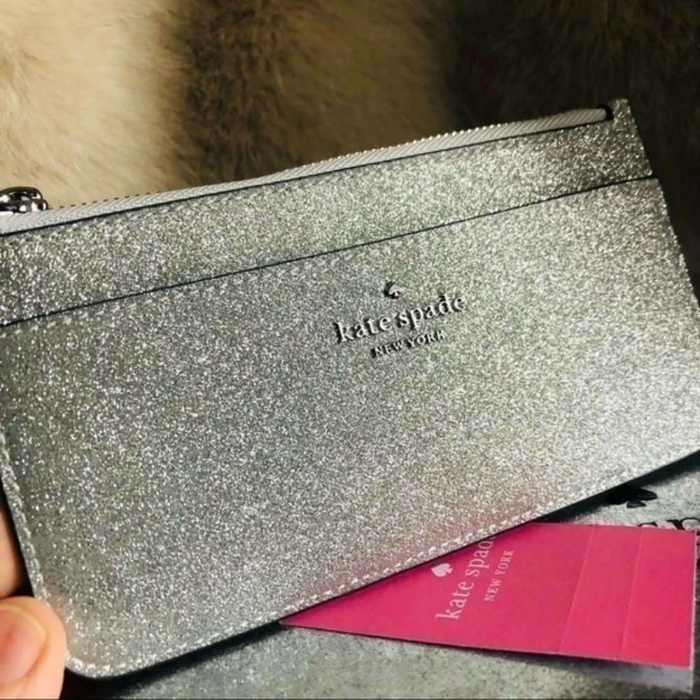 Kate Spade Silver Glitter Slim Wallet Zip Pouch NWT